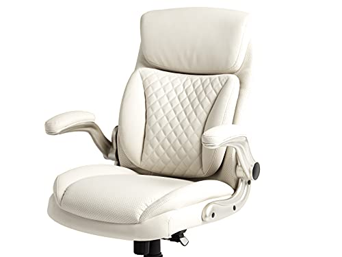Amazon Basics Ergonomic Executive Office Desk Chair with Lumbar Support, Flip-up Armrests, Adjustable Height, Cream Leather - color: Cream