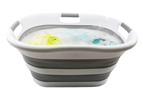 SAMMART 40L (10.5 gallon) Collapsible Plastic Laundry Basket - Foldable Pop Up Storage Container/Organizer - Portable Washing Tub - Space Saving Hamper/Basket (1, White/Grey) - color: White/Grey