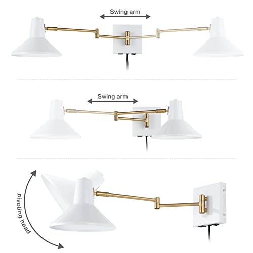 JONATHAN Y Hygge 1-Light Modern Swing Arm USB Sconce 8", White/Brass Gold | Metal Construction, Plug-In Midcentury Bedside Wall Lamp, Cone Shade, Adjustable Head, LED Bulb Included - color: White/Brass Gold