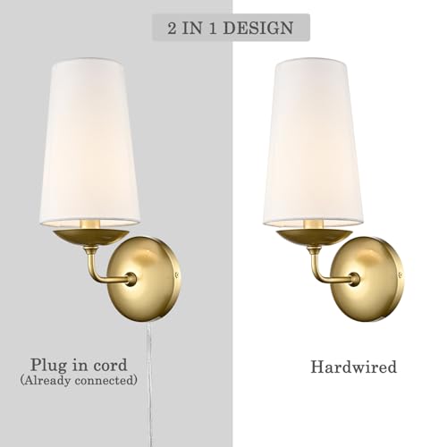 Moose Gold Wall Sconces Set of Two Linen Shade Plug in Wall Lamp | Modern Brass Wall Lighting with Fabric Shade for Bedroom, Living Room, Dining Room, Entryway - color: Gold, size: 2-Pack | 1-Light