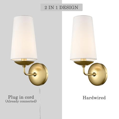 Moose Gold Wall Sconces Set of Two Linen Shade Plug in Wall Lamp | Modern Brass Wall Lighting with Fabric Shade for Bedroom, Living Room, Dining Room, Entryway - color: Gold, size: 2-Pack | 1-Light