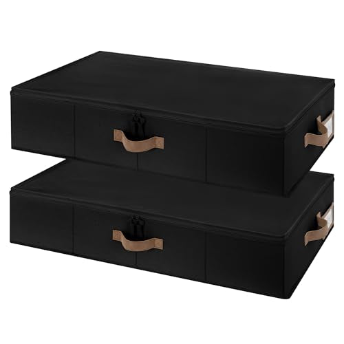 StorageWorks 6 Inch Low Profile Under Bed Clothes Storage Bins with Lids | Reinforced Structure, Resists Sagging, Handles & Label Holder, Foldable Stackable Closet Storage for Clothes, Blankets, Toys - color: Black, size: 33"L × 17"W × 6"H