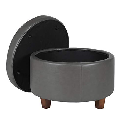 HomePop Round Leatherette Storage Ottoman with Lid, Charcoal Grey Large - color: Gray Faux Leather