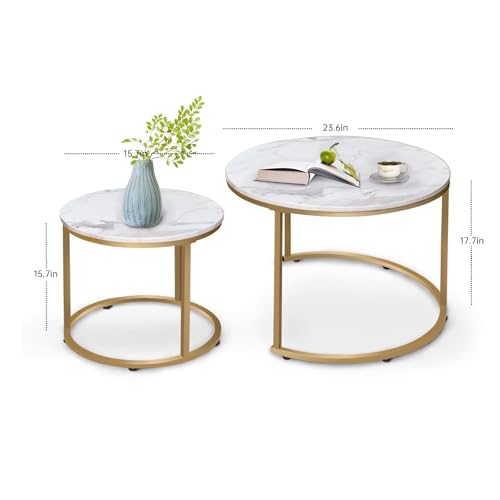 aboxoo Coffee Table Nesting White Set of 2 Side Set Golden Frame Circular Round and Marble Pattern Wooden Tables, Living Room Bedroom Apartment Modern Industrial Simple Nightstand - color: Gold White