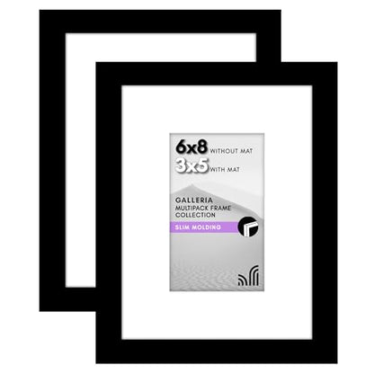 Americanflat 6x8 Picture Frame 2-Pack - Matted to 3x5 - Black | Slim Molding construction, Polished plexiglass front, wall or tabletop display with included easel, triangle hangers included - color: Black, size: 6x8