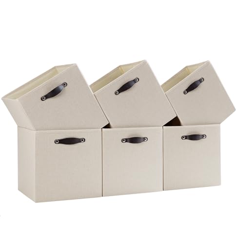 Cube Storage Bins | 10.5"x10.5"x11", Beige, 6 Pack | Multi-Size | 2X Thick Support Board | Vegan Leather Handles | 7.7 oz/yd² Fabric | 11"x11" Drawer Insert Basket - color: Candlelit Beige, size: 10.5"x10.5"x11"