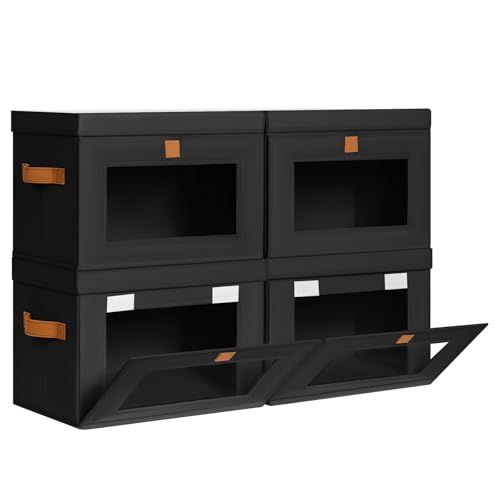 DIMJ Storage Bins with Lids - 4 Pack Front Opening Stackable Fabric Storage Boxes with Clear Window & Handles, Collapsible Closet Organizers for Clothes, Sweaters, Shelf Storage, Bedroom, Black - color: Black, size: Large-4 Pack