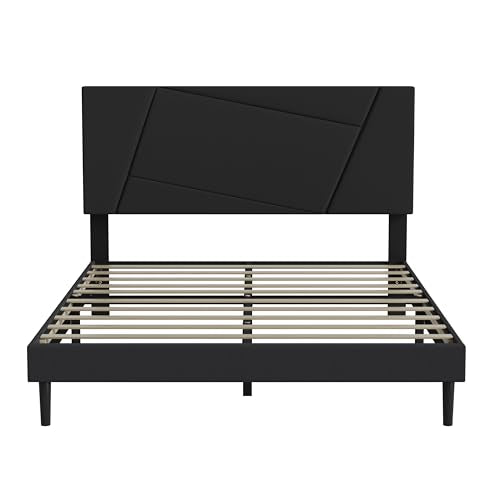 Full Size Upholstered Bed Frame Frame with Headboard，Velvet Black | Geometric Head Board Platform Bed, Sturdy Wooden Slats, Noiseless No Box Spring Required, Easy to Assemble - color: Black, size: Full