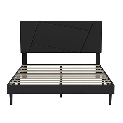Full Size Upholstered Bed Frame Frame with Headboard，Velvet Black | Geometric Head Board Platform Bed, Sturdy Wooden Slats, Noiseless No Box Spring Required, Easy to Assemble - color: Black, size: Full