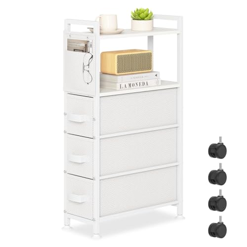 Oppro 3 Drawer Small Narrow Side End Table, Slim Nightstand with Wheels | Tall Bedside Sofa Table Space Saving Skinny Thin Couch Desk with Storage Bag for Living Room Bathroom Dorm,White - color: White, size: 3 Drawers