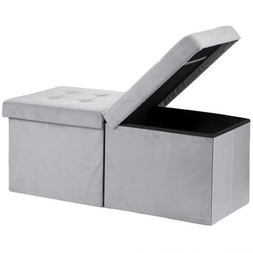 AmasSmile Footrest Ottoman Storage Bench,34" Velvet Folding Chest,Grey | Large Ottoman with Storage,Thicker Foam Padded Seat,Livingroom,Dorm,Bedroom,Entryway,Easy to install,34 x 13 x 13in - color: Grey-velvet