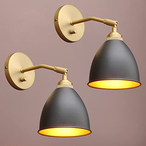 Vintage Wall Sconce Bookcase Light, 2-Pack Dimmable On Off Switch Industrial Mount Metal Fixture Lighting with 6.1" Oval Black Metal Shade in-Build Gold and Antique Canopy Reading Lamp - color: Antique-Black