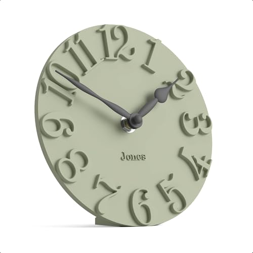 JONES CLOCKS® Hampstead Desk Clock | Freestanding | Sage Green | Elegant Raised Moulded Numerals | Ideal for Shelf, Mantel, Living Room, Home Office or Bedside - color: Sage Green