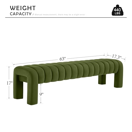 63” Dining Room Bench, Olive Green Tufted Upholstered End of Bed Bench, Modern Entryway Ottoman Window Seat with Solid Wood Legs and Padded Seat for Bedroom, Hallway and Living Room (Velvet) - color: Olive Green Velvet, size: 63"