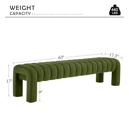 63” Dining Room Bench, Olive Green Tufted Upholstered End of Bed Bench, Modern Entryway Ottoman Window Seat with Solid Wood Legs and Padded Seat for Bedroom, Hallway and Living Room (Velvet) - color: Olive Green Velvet, size: 63"