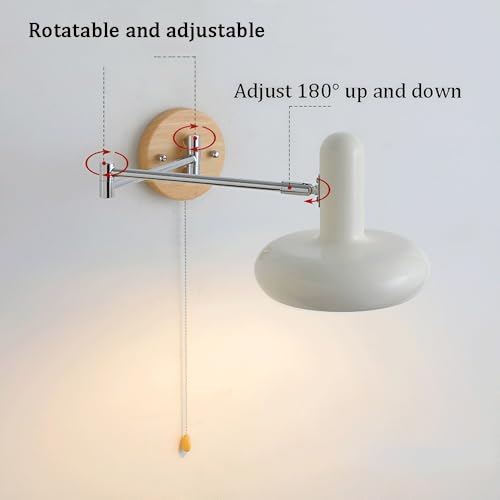 Modern Industrial Adjustable Swing Arm Wall Lamp Pull Chain Switch Wall Sconce Iron Wood Wall Light Fixture for Bedroom Bedside Study Reading Living Room Decorative Lighting
