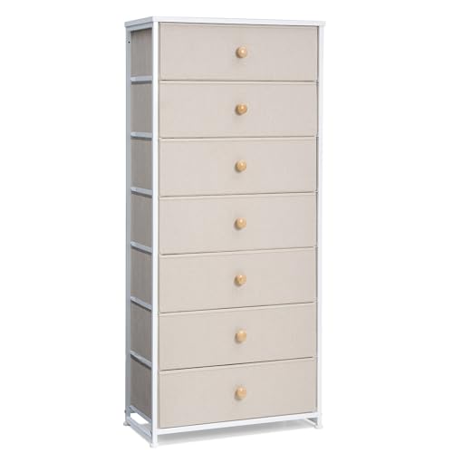 Fabric Dresser for Bedroom, Wide 7-Drawer Tall Vertical Tower (Beige) | Wooden Top, Steel Frame, Easy Pull Bin,Organizer Unit for Living Room, Hallway, Entryway, Nursery, Closets - color: Beige, style: Wide-7 Drawers