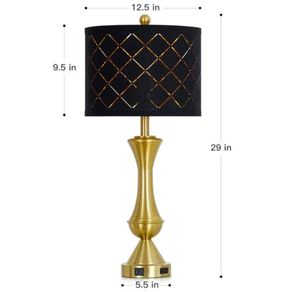 29" Gold Modern Table Lamps Set of 2, 3-Way Dimmable Touch Lamps for Nightstand with USB A+C & Outlets,Brass Lamps for Living Room, Bedroom, Nightstand, Entryway(2 Bulbs Included) - color: Gold-Black Lamp Shade-2Pack