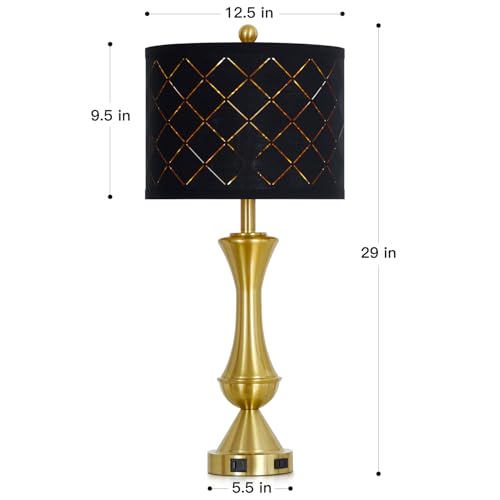 29" Gold Modern Table Lamps Set of 2, 3-Way Dimmable Touch Lamps for Nightstand with USB A+C & Outlets,Brass Lamps for Living Room, Bedroom, Nightstand, Entryway(2 Bulbs Included) - color: Gold-Black Lamp Shade-2Pack