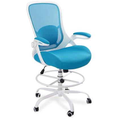 400lbs Heavy Duty Drafting Chair 5" Thickened Seat Office Chair with Flip-Up Armrests Tall Ergonomic Computer Chair with Lumbar Support and Adjustable Footrest Ring Standing Desk Chair (Blue) - color: Blue