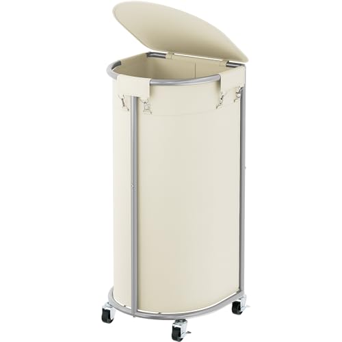 Laundry Hamper with Wheels and Lid, 100L Half Round Rolling Laundry Basket | Gasvadivum Sturdy Metal Frame Laundry Cart with Removable Bag, Dirty Clothes sorter Organizer for Bathroom, Bedroom, Beige - color: Beige, size: 100L(16.9"L x 12.6"W x 31.5"H)
