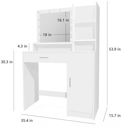 Palimder Vanity Desk with Mirror & Light, Large Drawer Three Level Storage Dresser, 3 Lighting Modes Adjustable Brightness, Bedroom Dressing Table - color: Purewhite