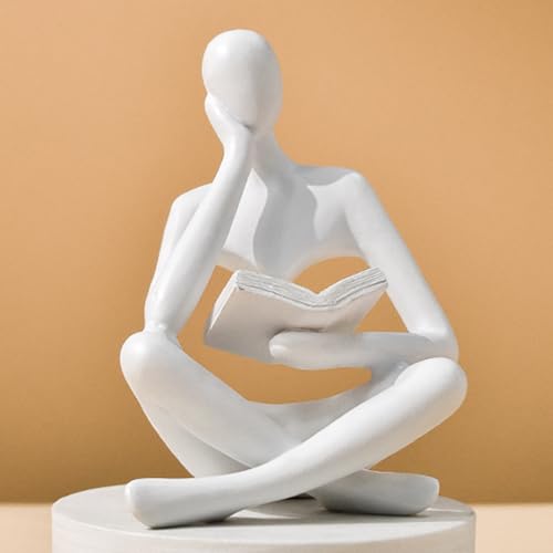 Bookshelf Decor Thinker Statue - Abstract Art Reading Thinker Sculpture Figurine Aesthetic, Modern Home Decoration for Living Room Office Shelves Coffee Table Desk Decor(White)
