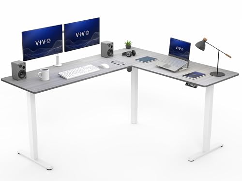 VIVO Dark Gray 75 x 63 in Corner Standing Desk, DESK-E3CTWG-75 | Electric, Holds 225 lbs, Large Reversible L-Shaped Table, Sit Stand, Height Adjustable, Memory Presets, White Frame - color: Dark Gray Top / White Frame, size: 75 x 63