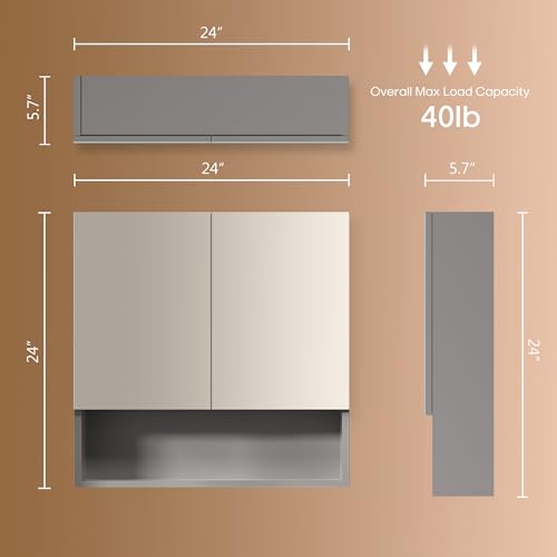 Bathroom Cabinet with Mirror, Wall Cabinet with 2 Mirrored Doors, Adjustable Shelf, Open Compartment, Wall-Mounted, 24x24 Inches, Grey(Assembly Required) - color: Grey, size: W24 x H24 - 2 Door