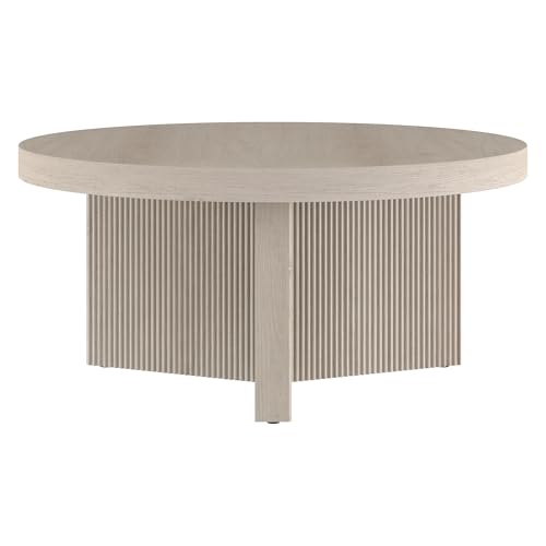 Henn&Hart 32" Scandinavian Fluted Coffee Table, Beech White | Ribbed pedestal base and low profile bring Scandinavian style to small spaces including living rooms or family rooms - color: Beech White, size: 32 inches