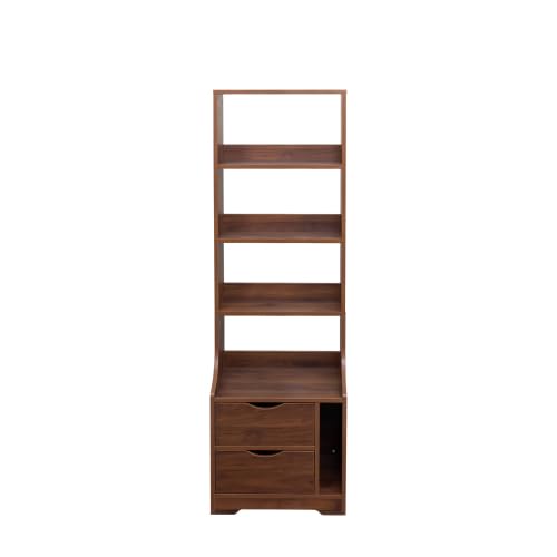 Tall Nightstand with 4 Open Shelves and 2 Drawers Slim Bedside Storage Cabinet End Table Wooden Bookshelf Utility Organizer for Living Room, Bedroom, Brown - color: Brown