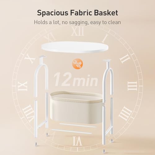 Small Round Side Table with Fabric Basket Storage, Oval End Table for Small Spaces, Modern Coffee Bedside Table, Couch Side Table for Living Room, 15.7" X 11.8" X 24", White and Beige 8601BZWT - color: White and Beige