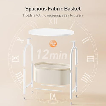 Small Round Side Table with Fabric Basket Storage, Oval End Table for Small Spaces, Modern Coffee Bedside Table, Couch Side Table for Living Room, 15.7" X 11.8" X 24", White and Beige 8601BZWT - color: White and Beige