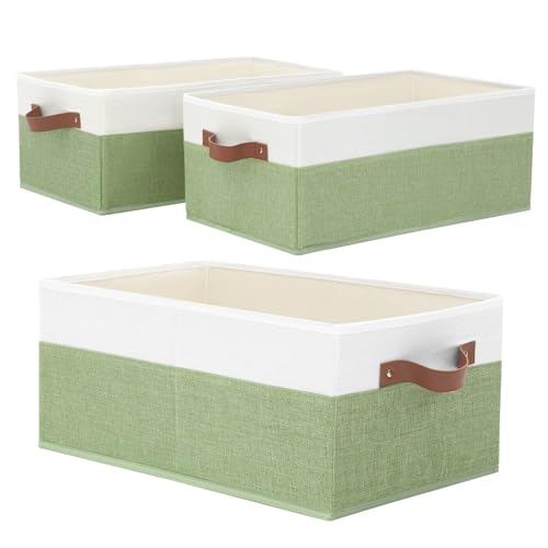 3 Pack Large Capacity Storage Bins Closet Organizer for Shelves | Fabric Closet Storage Baskets Boxes with Leather Handles for Organizing Clothes, Sheets, Jeans, Toys, Books (Green) - style: 3 Pack Green & White