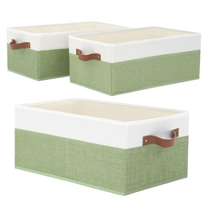 3 Pack Large Capacity Storage Bins Closet Organizer for Shelves | Fabric Closet Storage Baskets Boxes with Leather Handles for Organizing Clothes, Sheets, Jeans, Toys, Books (Green) - style: 3 Pack Green & White