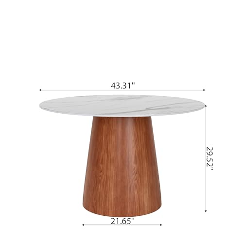 43" Round Dining Table for 4, Sintered Stone Top Solid Wood Pedestal, Snowy White+Brown (Table Only) - color: Snowy White+brown, size: 43"