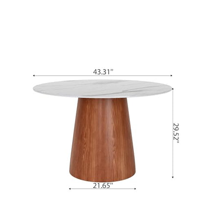 43" Round Dining Table for 4, Sintered Stone Top Solid Wood Pedestal, Snowy White+Brown (Table Only) - color: Snowy White+brown, size: 43"