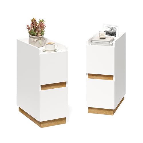 Narrow Night Stands, Modern Slim Nightstand Set of 2, Wooden Skinny Bedside Table 2 Drawers, Stackable Narrow Side Table with Drawers for Small Spaces, Bedroom, Living Room, White - color: White (2pcs)