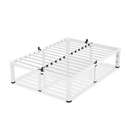 12 Inch White Queen Bed Frame with Round Corners No Box Spring Needed | 3500lbs Heavy Duty, Under bed storage, 4 mattress stoppers, Headboard holes, Noise-free, Easy assembly & rubber covers - size: Queen, style: 12 Inch White