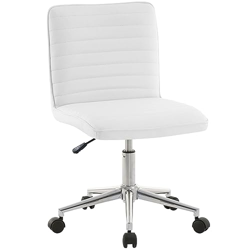 Furnimart Armless Swivel Rolling Desk Chair, Adjustable Faux Leather Vanity Chair with Gold Legs, Cute Task Chair with Wheels for Living Room Bedroom Studying Small Places (PU White) - color: Pu-white