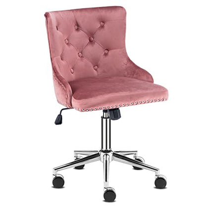 VINGLI Velvet Office Chair - Modern Upholstered Desk Chair with Adjustable Height, Tilting Mechanism, and Rolling Wheels - Pink - color: Pink