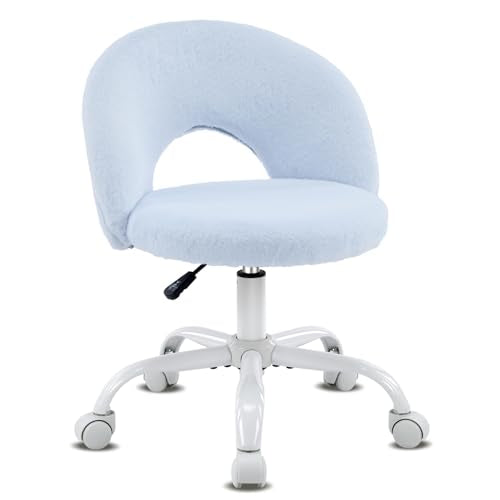 VINGLI Small Vanity Chair with Faux Fur Wheels for Girls,Cute Adjustable Height Armless Office Desk Chair,360°Swivel Comfy Rolling for Study,Make up Room,Small Space,Blue - color: Furry Blue