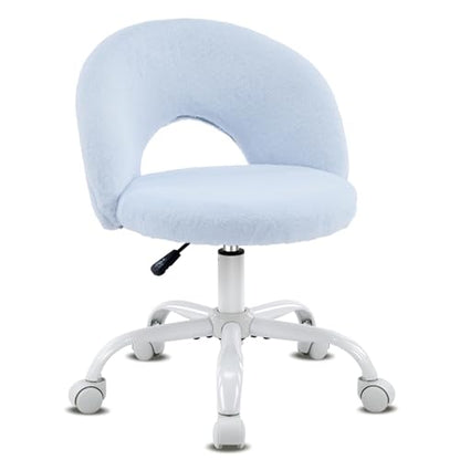 VINGLI Small Vanity Chair with Faux Fur Wheels for Girls,Cute Adjustable Height Armless Office Desk Chair,360°Swivel Comfy Rolling for Study,Make up Room,Small Space,Blue - color: Furry Blue