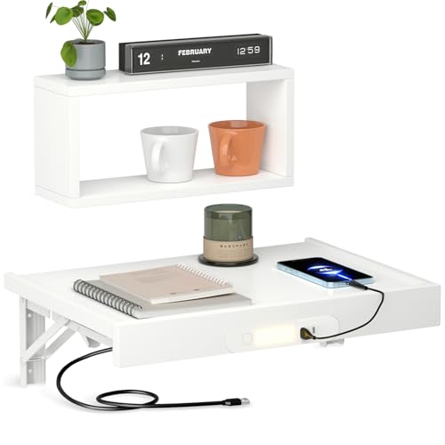 TEAMIX Floating Nightstand with Charging Station, Wall Mounted Folding Bedside Shelf Combo Wood Nightstand with Led Light USB Type C Ports, Bed Side Storage Tray Caddy for Bedroom, Living Room, Dorm - color: White, size: Upgraded