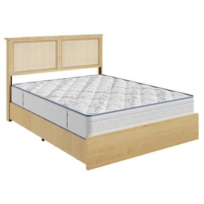 Garvee Queen Rattan Bed 4 Drawers Bohemian Headboard for Bedroom | Bohemian queen rattan bed with natural headboard, 4 drawers, LED lights,No box spring needed for bedroom use. - size: Queen(4 Drawers)