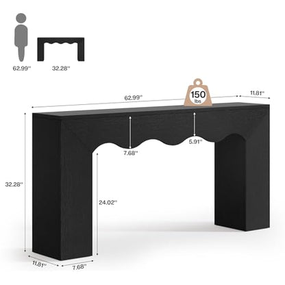 Tribesigns 63" Farmhouse Console Table with Wavy Edge | Wooden Couch Table Behind Sofa with Storage; Long Entryway Sofa Station; Narrow Hallway Stand for Entryway, Living Room - color: Black