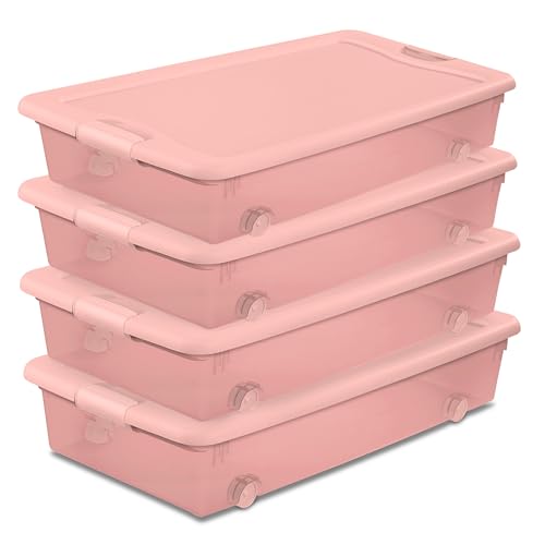 Sterilite Wheeled Latching Box w/Lids for Home & Office, 56 Quart, 4-Pack | Heavy-Duty and Stackable Plastic Containers with Latches for Closet, Cabinet, Bedroom, Bathroom and Dorm Room Organization - color: Pink, size: 4 Pack