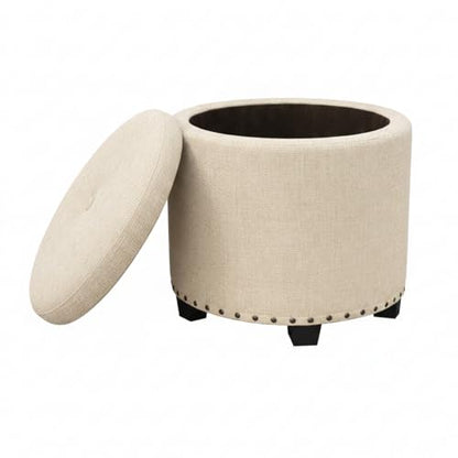 HomePop 18.5" Round Storage Ottoman with Nailheads - Cream Woven - color: Oatmeal Linen