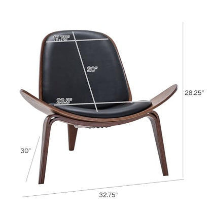 Belleze Mid Century Modern Tripod Plywood Lounge Chair Walnut Bentwood Upholstered Faux Leather, Black - color: Black, size: 1 Chair