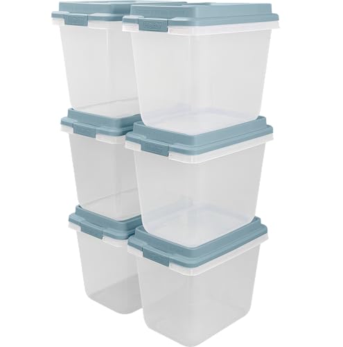Hefty 6 Pack Lift Off Storage Bin with Lid, 32 Quart, Smoke Blue | Stackable Clear Plastic Container Totes for Home, Office, and Classroom Organization - size: 32 Qt - 6 Pack